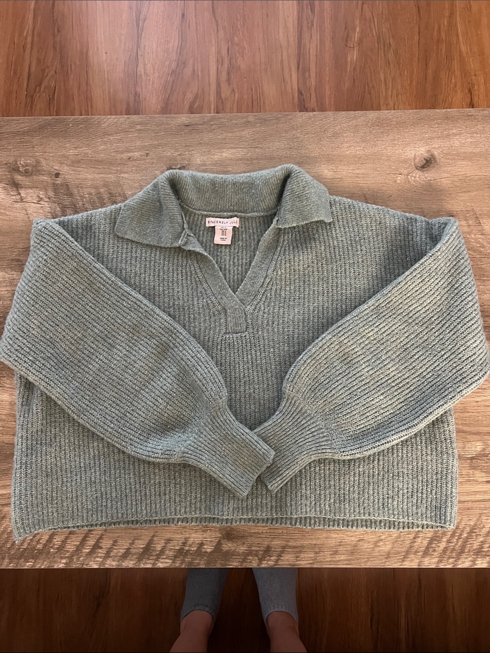 Sincerly Jules Green Ribbed Cropped Polo Sweater